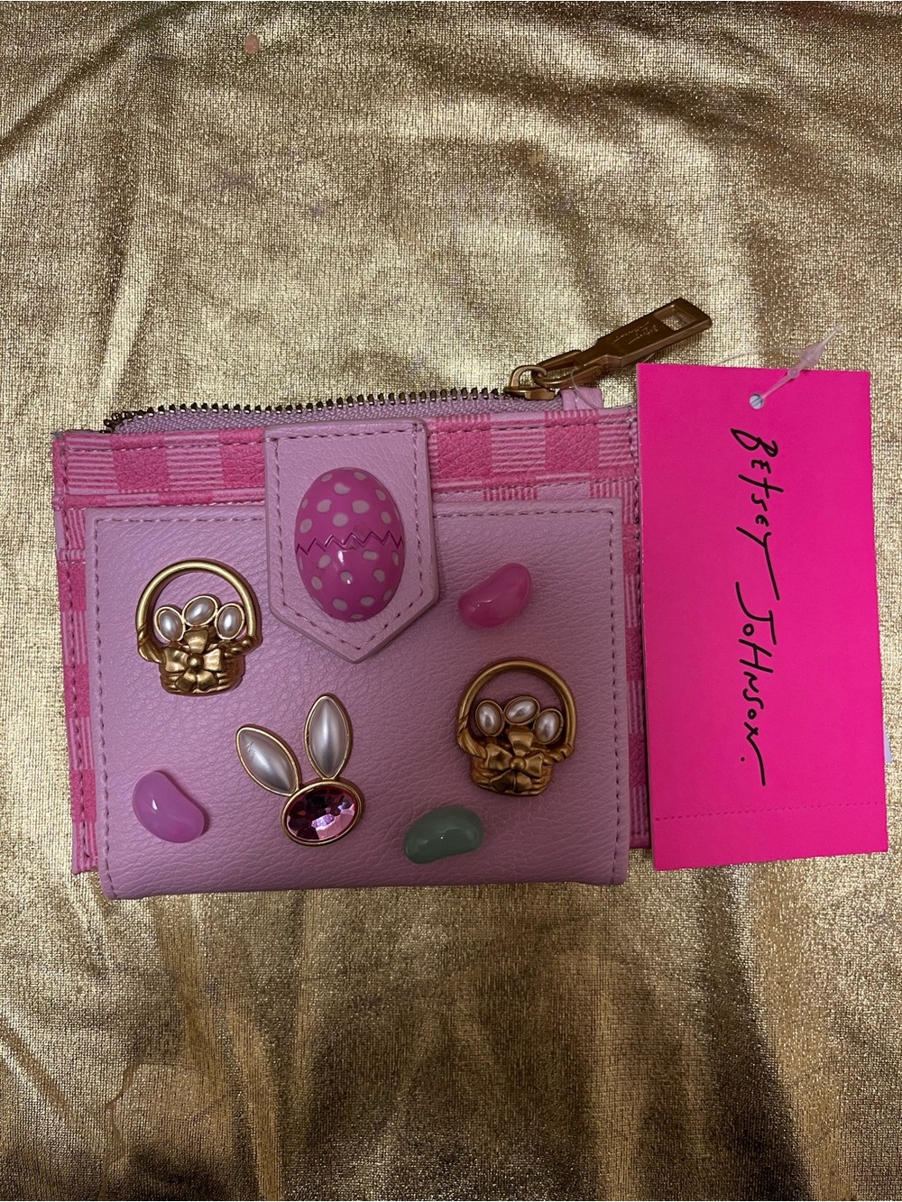 Betsey Johnson Pink Multi Embellished Mini Wallet with Gold Accents